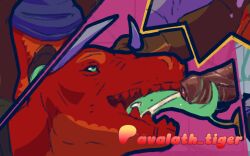 anthro avalath_tiger bodily_fluids cum dragon euplerid fellatio foreskin fossa genital_fluids genitals glans glowing glowing_genitalia glowing_glans glowing_tongue holding_horn horn long_tongue male male/male male_anthro mammal mythological_creature mythological_scalie mythology open_mouth oral penile penis saliva scalie sex teeth tongue tongue_out tonguejob vein veiny_penis
