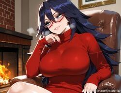 1female 1girls ai_generated big_breasts big_breasts blue_eyes breasts breasts cozy dark_hair female female_focus female_only fireplace glasses huge_boobs huge_breasts kaistar large_boobs large_breasts light-skinned light-skinned_female light_skin long_hair looking_away midnight_(my_hero_academia) milf mommy my_hero_academia patreon pullover red_clothing red_glasses shiny shiny_skin sitting smile smiling smirk solo solo_female solo_focus spiky_hair sweatshirt white_skin white_skinned white_skinned_female