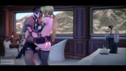 1girls 2boys 3d animated ass bayman blonde_hair dark-skinned_male dead_or_alive female helena_douglas high_heels male martini_(outfit) no_sound penis ponytail shoes standing standing_sex tecmo thighhighs video voyeur wanksy zack_(dead_or_alive)