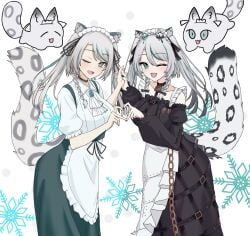 animal_ears black_sky braided_sidelocks cake cheek_rest cross-laced_clothes cross-laced_sleeves dessert food freedomman_hero frilled_straps fuzzy_clothes grey_nails grey_tail highres hinamori_anthea holding holding_saucer indie indie_virtual_youtuber leopard_ears leopard_tail maid nata_(tool) red_pupils saucer sky snow_leopard_tail strawberry_shortcake tail teapot virtual wallpaper_(object) youtuber