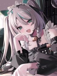 animal_ears black_sky braided_sidelocks cake cheek_rest copyright_request cross-laced_clothes cross-laced_sleeves dessert food frilled_straps fuzzy_clothes grey_nails grey_tail highres hinamori_anthea holding holding_saucer indie indie_virtual_youtuber leopard_ears leopard_tail maid nata_(tool) non-web_source red_pupils saucer sky snow_leopard_tail strawberry_shortcake tail teapot virtual wallpaper_(object) youtuber