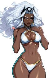 ai_assisted ai_generated arc_system_works bikini blue_eyes breasts cleavage dark-skinned_female dark_skin female large_breasts long_hair looking_at_viewer marvel marvel_comics marvel_tokon:_fighting_souls navel ororo_munroe shiny_skin simple_background solo standing stomach storm_(x-men) swimsuit thighs very_dark_skin vikso white_background white_hair wide_hips x-men