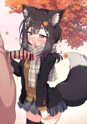 1boy after_fellatio animal_ears bar_censor black_hair black_jacket black_thighhighs blue_skirt bow bowtie breasts brown_eyes brown_sweater censored commission cum cum_in_mouth cum_on_body cum_on_tongue diagonal-striped_bow diagonal-striped_bowtie diagonal-striped_clothes facial fellatio female grey_scarf hair_ornament hairclip highres jacket large_variant_set layered_sleeves leaf_hair_ornament long_sleeves male_pubic_hair medium_hair miniskirt oral original penis plaid_clothes plaid_scarf plaid_skirt pleated_skirt pubic_hair red_bow red_bowtie scarf skeb_commission skirt small_breasts straight striped_clothes sweater tail testicles thighhighs variant_set wodaex wolf_ears wolf_girl wolf_tail