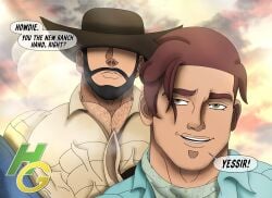 big_pecs comic comic_page cowboy_hat eyes_covered gay hairy_male hairy_pecs hegassensaga muscular muscular_male