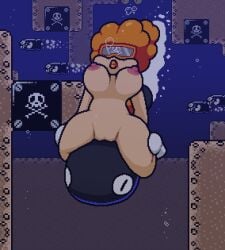 anthro big_breasts big_lips blurp blurp_girl_(okami_tomato) bubble bubbles cave fish ginger ginger_female ginger_hair goggles holding_breath mario_(series) nipples obscured_eyes orange_lips orange_lipstick puffed_cheeks puffy_cheeks pussy skull_and_crossbones super_mario_world tail torpedo torpedo_ted underwater water zxtomatofan