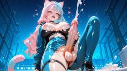 ai_art ai_generated animal_ears blue_hair cat_ears cat_girl cat_tail catgirl cum cum_in_mouth dickgirl full-package_futa futa_masturbation futanari intersex koneko konekofuta large_breasts large_penis nipples open_mouth pink_hair shooting_cum track_suit two_tone_hair two_tone_hair_(blueandpink)