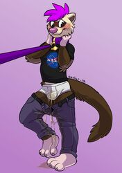 2019 anthro black_eyes blush brown_fur bulge clothed clothing collar compression_artifacts domestic_ferret fur hair hi_res leash male mammal mustela mustelid musteline nasa omorashi pants_down partially_clothed peeing petplay pink_hair purple_hair redfeatherstorm roleplay simple_background solo tan_fur underwear urine watersports wetting