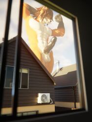 absurd_res anthro big_muscles big_penis building canid canine erection flexing fox genitals hi_res house huge_cock low-angle_view macro male mammal muscular muscular_male penis rileyfoxxo sky solo vein veiny_penis wolf_(petruz)