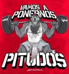 absurd_res anthro balls barbell bodily_fluids canid canine clothed clothing crazydrak ear_piercing ear_ring english_text erection excessive_genital_fluids excessive_precum exercise eyebrow_piercing facial_piercing fangs foreskin front_view genital_fluids genital_piercing genitals hi_res humanoid_genitalia humanoid_penis industrial_piercing legwear looking_at_viewer male mammal multiple_piercings muscular muscular_anthro muscular_male open_mouth partially_colored penis penis_piercing piercing precum prince_albert_piercing ring_piercing sharp_teeth signature solo standing teeth text topwear torn_clothing torn_legwear torn_topwear translation_request uncircumcised vein veiny_penis weightlifting workout