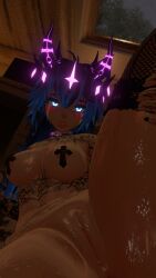 blush collar female female_only fishnets horns ihallow legs_up looking_at_viewer nude nude_female pasties piercing pussy tattoo vrchat vrchat_avatar wet wet_pussy