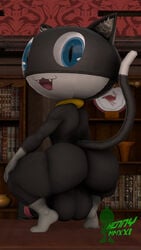 3d 3d_(artwork) 9:16 anthro ass atlus balls big_balls big_butt big_penis black_body black_fur blue_eyes bookshelf clothing crouching curvaceous curvy_figure digital_media_(artwork) domestic_cat english_text erection fangs feet felid feline felis fingers fur furniture genitals girly hand_on_knee hand_on_leg hands_on_knees hands_on_legs hi_res hourglass_figure huge_butt huge_cock inner_ear_fluff inside kennythebobcat looking_at_viewer looking_back male male_only mammal megami_tensei megami_tensei_persona meme morgana_(persona) multicolored_body multicolored_fur nude open_mouth open_smile penis persona persona_(series) presenting presenting_hindquarters raised_heel rear_view scarf sharp_teeth smile solo solo_male standing teeth text thick_thighs tiptoes toes tongue tuft video_games voluptuous white_body white_fur wide_hips