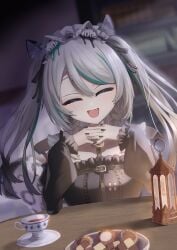 animal_ears black_sky braided_sidelocks cake cheek_rest copyright_request cross-laced_clothes cross-laced_sleeves dessert food freedomman_hero frilled_straps fuzzy_clothes grey_nails grey_tail highres hinamori_anthea holding holding_saucer indie leopard_ears leopard_tail maid nata_(tool) red_pupils saucer sky snow_leopard_tail strawberry_shortcake tail teapot virtual wallpaper_(object) youtuber