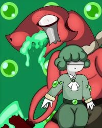 2girls acid bandage_over_eyes dark_green_shorts emerald_(gem) female female_focus female_only green_clothes green_clothing green_hair library_of_ruina magical_girl neutral_expression oomyloops open_mouth project_moon red_skin red_skinned_female ripped_bandage safe safe_for_work servant_of_wrath sfw short_female short_hair shorts tall_female white_skin white_skinned_female wonderlab