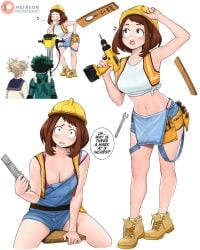 1boy 2girls clothing dismaiden himiko_toga izuku_midoriya mechanic my_hero_academia ochako_uraraka speech_bubble text watermark