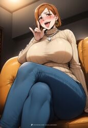 ai_generated big_ass big_breasts big_butt huge_ass huge_breasts jujutsu_kaisen kugisaki_nobara large_ass large_breasts looking_at_viewer looking_down mature mature_female nobara_kugisaki older_female short_hair sitting thick_thighs turtleneck vanillaramen voluptuous voluptuous_female wide_hips