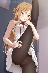 1female 1girl 1girls ai_generated asuna_(sao) bare_arms bare_shoulders black_pantyhose blush braid breasts brown_eyes brown_hair cameltoe commentary_request female female_focus female_solo french_braid hand_on_own_leg hand_on_own_thigh indoors kneepits leg_lift leg_up long_hair medium_breasts no_panties pantyhose parted_lips pleated_skirt pussy shirt skirt sleeveless solo split stable_diffusion standing standing_on_one_leg standing_split sword_art_online thighs uncensored white_shirt white_skirt yuuki_asuna zelanell