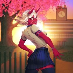 akumi armband armlet bangle blue_skirt bracelet breasts cherry_blossoms demon_girl demon_horns female from_behind gloves horns jewelry looking_at_viewer looking_back medium_breasts miniskirt oni pleated_skirt red_gloves red_oni red_skin school_uniform short_hair short_sleeves skirt smile solo thighhighs tree vyugen white_hair yellow_eyes