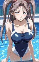 1girls after_swimming ai_generated arm_support bangs bangs_over_eyes bible_black bible_black_new_testament blue_eyes blue_swimsuit brown_hair competition_swimsuit curvaceous curvy curvy_figure embarrassed erect_nipples erect_nipples_under_clothes female female_focus female_only from_above hair_ribbon highleg_swimsuit indoors light_brown_hair lips long_hair looking_at_viewer multiple_views nipples nipples_visible_through_clothing one-piece_swimsuit partially_submerged pinup pool pool_ladder poolside school_swimsuit shin_bible_black shiny_skin skindentation smile standing swimming_pool teenage_female teenager toudou_yuki twintails two_side_up water wet wet_skin white_skin wide_hips