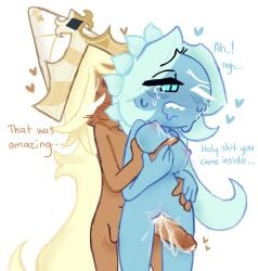 after_sex awakened_pure_vanilla_cookie cookie_run cookie_run_kingdom cum_leaking_out_of_pussy cum_on_penis free_sodastik grabbing_breasts grinding_pussy groping_breasts hand_on_hip male male/female pleasured pleasured_face pussy_juice pussy_juice_drip shadow_milk_cookie sodastik