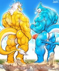 anthro big_muscles big_penis bodily_fluids city cloud cum cum_drip darkai darkai_(character) destruction dripping duo fish genital_fluids genitals glistening glistening_body hi_res huge_cock huge_muscles macro male male/male marine muscular muscular_male penis shark stomping vein veiny_penis