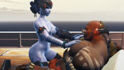 3d alternate_costume black_lily_widowmaker blizzard_entertainment blue_skin breasts dark-skinned_male dark_skin doomfist duo female interracial lunar_new_year lunar_new_year_series male nipples okamiszd overwatch source_filmmaker straight widowmaker year_of_the_dog