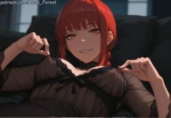 ai_generated alternate_costume areolae babydoll backlighting bangs bare_shoulders bed black_bra black_choker blank_forest blunt_bangs blurry blurry_background blush bra braid braided_ponytail breasts brown_eyes brown_hair chainsaw_man choker cleavage collarbone couch covered_nipples depth_of_field eyebrows_visible_through_hair female grin half-closed_eyes head_tilt indoors lace lace-trimmed_bra lace_trim large_breasts lingerie long_hair long_sleeves looking_at_viewer lying makima_(chainsaw_man) medium_breasts nipples on_back on_bed open_mouth parted_lips pillow pov red_hair ringed_eyes see-through shade short_hair sidelocks sleepwear smile solo teeth twitter_username underwear upper_body window yellow_eyes
