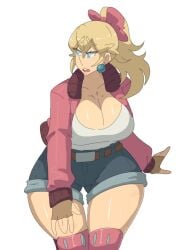 1girls belt blonde_hair blue_earrings blue_eyes bow breasts cleavage denim denim_shorts earrings female jacket jacket_open large_breasts leedraw11 long_hair long_sleeves mario_(series) mario_kart mario_kart_world nintendo open_jacket pink_bow pink_jacket ponytail princess_peach princess_peach_(touring) simple_background solo solo_female solo_focus thick_thighs thighs white_background