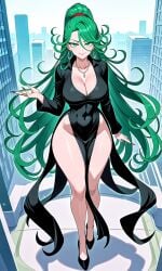 ai_generated black_dress city_background creamy_ai eyelashes green_eyes green_hair heels hoop_earrings jewelry large_ass large_breasts milf necklace one-punch_man ponytail silver_jewelry smug tagme tatsumaki thick_thighs valkris9 wide_hips