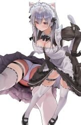 absurdres ahoge animal_ear_fluff animal_ears apron belt breasts cat_ears cat_girl cat_tail cleavage_cutout clothing_cutout eyes_visible_through_hair female highres large_breasts maid_apron maid_headdress merchandise_available multiple_views oreazu original panties pantyshot purple_eyes simple_background tail thigh_belt thigh_strap thighhighs underwear white_background white_hair white_panties white_thighhighs