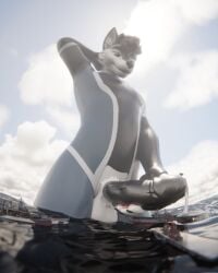 anthro big_muscles boat bodily_fluids canid canine cum fox genital_fluids genitals giga_macro hi_res leaking_cum low-angle_view macro male mammal muscular muscular_male penis rileyfoxxo sea sky solo uge_penis vehicle vein veiny_penis water watercraft