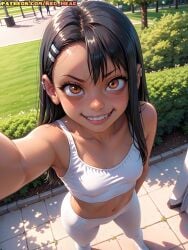 1girls ai_generated hayase_nagatoro leggings red_head_zero selfie solo sport_top