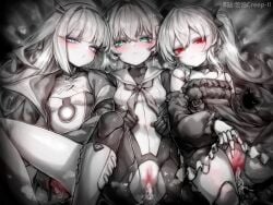 3girls blue_eyes blush eudie_(shadowverse) joints kupa_(jesterwii) long_hair monochrome multiple_girls orchis ralmia_(shadowverse) red_eyes shadowverse spot_color