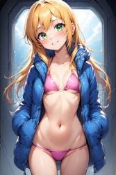 ai_generated bikini bikini_under_clothes blonde_female blonde_hair blonde_hair_female blue_jacket diana_(pragmata) female green_eyes hoodie jacket long_hair looking_at_viewer petite petite_body petite_breasts petite_female petite_girl pink_bikini pragmata short_girl small_breasts small_frame small_girl smile solo solo_female spaceship spaceship_interior teen teenage_girl teenager unzipped unzipped_jacket winter_jacket