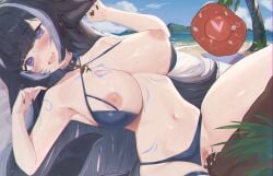 1boy :d areolae bangs beachball bikini bikini_aside black_bikini black_hair blue_eyes blush breasts choker cowgirl_position criss-cross_halter cross_section cum cum_in_pussy day eyebrows_visible_through_hair female fertilization heart internal_cumshot large_breasts long_hair looking_at_viewer lying navel nipples on_back open_mouth outdoors ovum penis purple_eyes pussy sex shylily smile solo_focus straight sweat swimsuit tattoo uncensored uterus vaginal_penetration very_long_hair