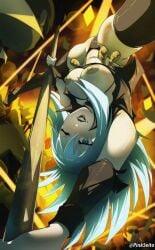 armpits belt black_lips blue_eyes blue_hair blush bodysuit breasts center_opening collar collarbone dancer dancing devil_summoner:_soul_hackers devil_summoner_(series) female full-length_zipper highres holding holding_pole large_breasts leather lipstick long_hair looking_at_viewer makeup nail_polish navel nemissa nightclub nipples o-ring_collar open_bodysuit open_clothes open_mouth orphen_(pink_seito) pale_skin pole pole_dancing smile solo spread_legs stage stage_lights stripper stripper_pole thighhighs zipper