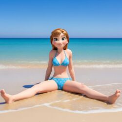 ai_generated anna_(frozen) beach bikini blue_eyes blue_panties brown_hair brunette_hair disney female female_focus female_only frozen frozen_2 medium_breasts panties petite_body petite_female princess sitting underwear underwear_only