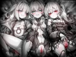 3girls blue_eyes blush doll_joints eudie_(shadowverse) joints kupa_(jesterwii) long_hair multiple_girls orchis ralmia_(shadowverse) red_eyes shadowverse spot_color