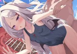 1boy bar_censor blue_archive blush breasts censored cross_section female fujieda_uzuki hina_(blue_archive) hina_(swimsuit)_(blue_archive) horns long_hair one-piece_swimsuit penis purple_eyes school_swimsuit sex sex_from_behind small_breasts straight swimsuit vaginal_penetration whistle whistle_around_neck white_hair wings