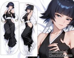 armpits bare_shoulders black_eyes black_hair bleach blunt_bangs breasts dakimakura_(medium) dakimakura_(object) female fingerless_gloves gloves japanese_clothes looking_at_viewer pillow short_hair sideboob small_breasts soifon sui-feng