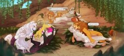 absurd_res ashai_(ashaigoldencat) blush bodily_fluids brown_hair chai_(lalupine) cunnilingus dialogue digital_drawing_(artwork) digital_media_(artwork) disney face_lick feet felid feline female female/female feral feral_on_feral fisting foot_grab fur genital_fluids genitals group group_sex hair hi_res hindpaw lalupine licking lion lying mammal masturbation mommy_kink najani_(proudlioness) open_mouth oral orgy outside outside_sex pantherine pawpads paws penetration pussy sex shuka size_difference smile spread_legs spreading tail tail_tuft the_lion_king toes tongue tongue_out tribadism tuft vaginal_penetration vaginal_penetration vine_bondage zaria_(lilbabe411)