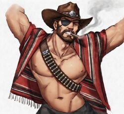 abs ai_assisted bandolier bare_chest bare_chested beard bearded biceps bulging_biceps bulging_muscles cigar cole_cassidy cole_cassidy_(overwatch) cowboy cowboy_hat eye_patch eyepatch large_pecs large_pectorals male_only mature mature_male muscles muscular muscular_male nipples older_male one_eye_obstructed one_eye_open pecs pectorals poncho scarf serape smoking smoking_cigar solo_male striped_scarf topless topless_male