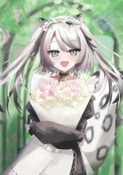 animal_ears black_sky braided_sidelocks cake cheek_rest copyright_request cross-laced_clothes cross-laced_sleeves dessert food frilled_straps fuzzy_clothes grey_nails grey_tail highres hinamori_anthea holding holding_saucer indie indie_virtual_youtuber leopard_ears leopard_tail maid nata_(tool) non-web_source red_pupils saucer sky snow_leopard_tail strawberry_shortcake tail teapot virtual wallpaper_(object) youtuber