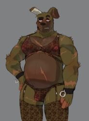 absurd_res belly clothing five_nights_at_freddy's five_nights_at_freddy's_3 flaccid genitals grey_background hairy hi_res lingerie male overweight penis scar scottgames simple_background solo springtrap_(fnaf) srapolowo