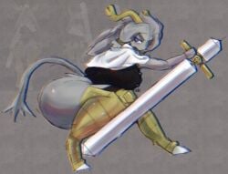 1girls 2025 absurd_res big_ass chromatic_aberration digital_drawing_(artwork) digital_media_(artwork) fakesigss female furry furry_female hi_res holding_weapon huge_ass melee_weapon pseudoregalia side_view superabsurd_res sybil_(pseudoregalia) thick_thighs weapon