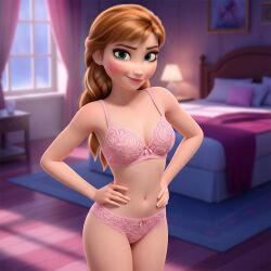 ai_generated anna_(frozen) bedroom blue_eyes disney female female_focus female_only frozen frozen_(film) frozen_2 hands_on_hips looking_at_viewer medium_breasts panties petite_body petite_female princess standing underwear underwear_only