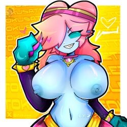 1female 1girls big_breasts blue_eyes blue_skin brawl_stars breasts clothed colette_(brawl_stars) female_focus female_only half_naked hi_res itz_zekex_(artist) nude nude_female pink_hair pink_hair_female smile smiley_face solo solo_female supercell supercell_(company) tagme tokusatsu_colette video_game_character zekuqa(artist)
