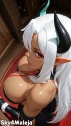 ai_generated beelzebub_(slime_taoshite_300_nen) big_breasts cleavage dark-skinned_female devil_horns elf_ears horn horns huge_breasts large_breasts looking_at_viewer red_eyes sexually_suggestive sky4maleja slime_taoshite_300_nen_shiranai_uchi_ni_level_max_ni_nattemashita
