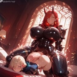 1boy 1futa 2d ai_generated big_breasts breasts demon duo femboy futa_on_male futanari gay intersex male oni quantrup sissy