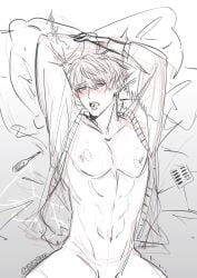1boy bed bite bite_mark blush feminine_male laying_down legs_apart looking_at_viewer love_and_deep_space partially_clothed pillow rkgk sketch submissive submissive_male toned_body tongue_out viewed_from_above visible_nipples watermark xavier_(love_and_deep_space)
