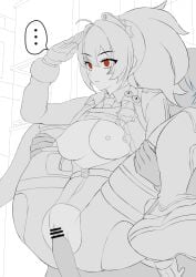 1boy bar_censor breasts building censored closed_mouth collared_shirt expressionless eyebrows_hidden_by_hair eyes_visible_through_hair female greyscale hair_ornament hands_on_another's_thighs high-waist_pants highres large_breasts long_hair looking_to_the_side male monochrome necktie pants penis police police_badge police_uniform policewoman ponytail pussy red_eyes rlity salute sex shirt speech_bubble time_stop vaginal_penetration white_background wise_(zenless_zone_zero) zenless_zone_zero zhu_yuan